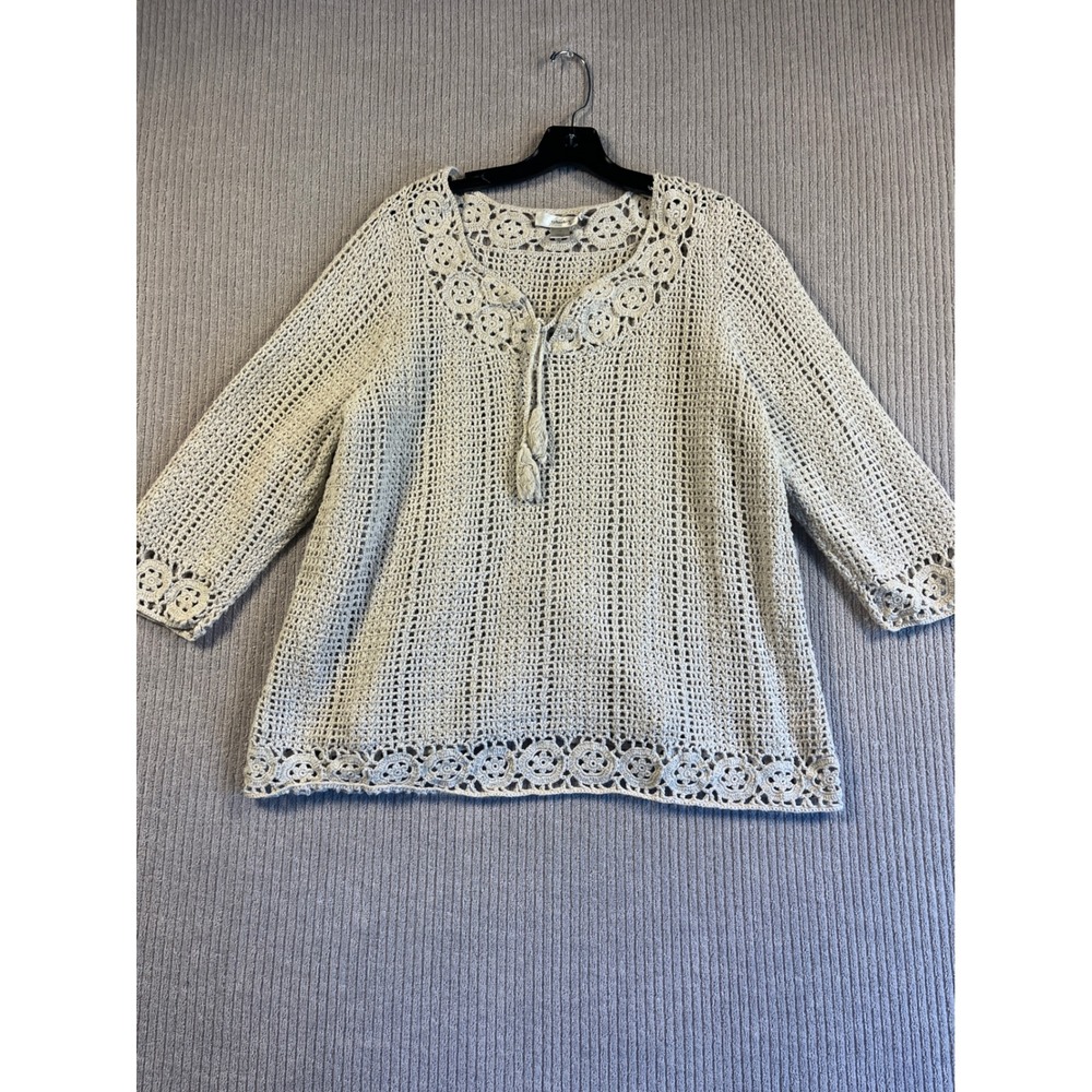 Crochet Top Womens 1X Beige Cotton Tassel Tie 3/4 Sleeve Boho Coastal